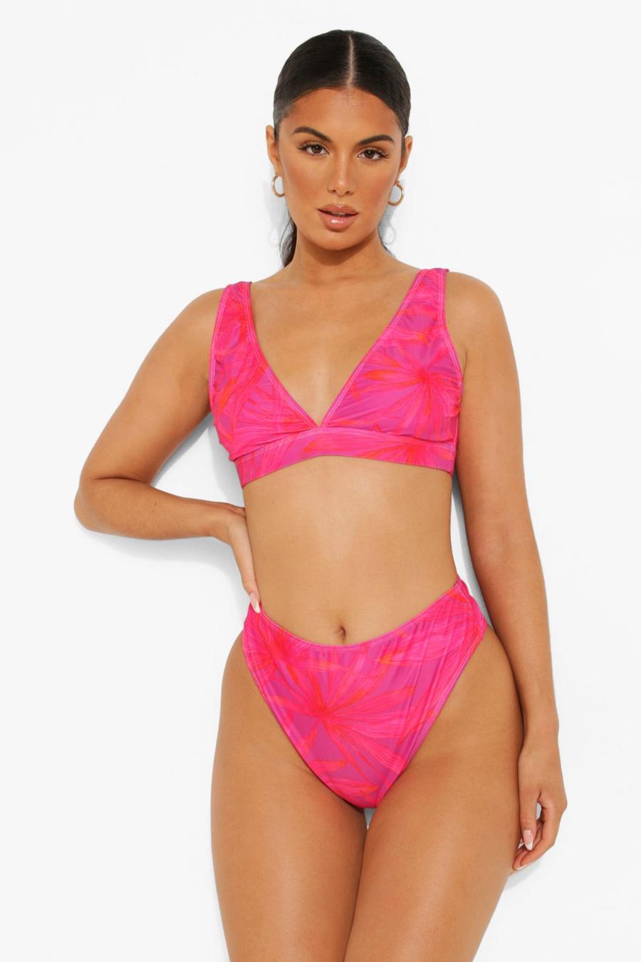 Pinke Palmen Bikinihose mit hohem Bund und hohem Beinausschnitt, Pink image number 1