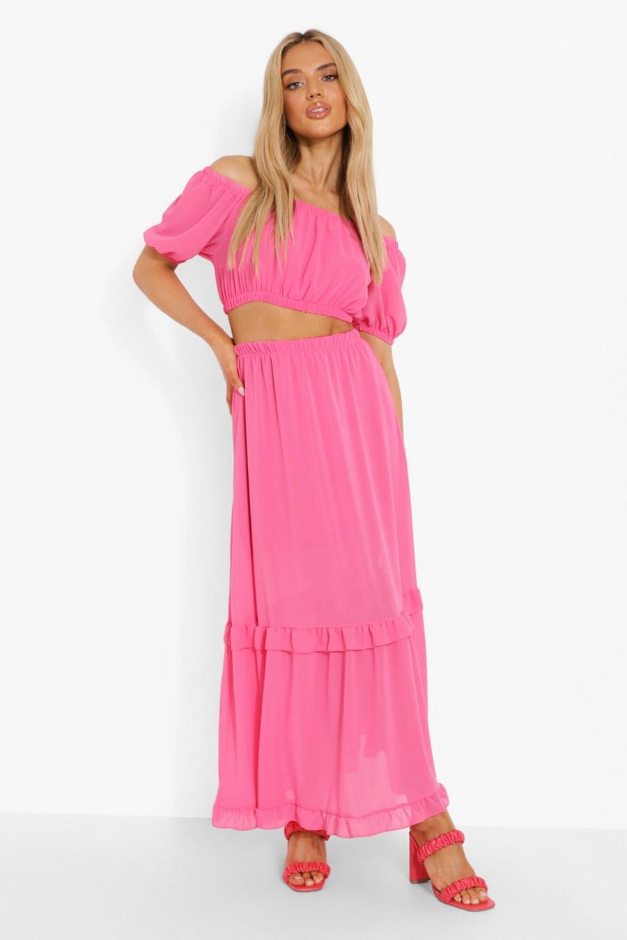 Top corto & maxi gonna in chiffon, Neon-pink image number 1
