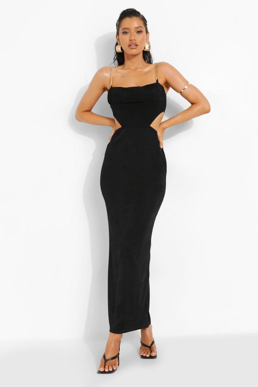 Black Chain Strap Ruched Cup Maxi Dress image number 1