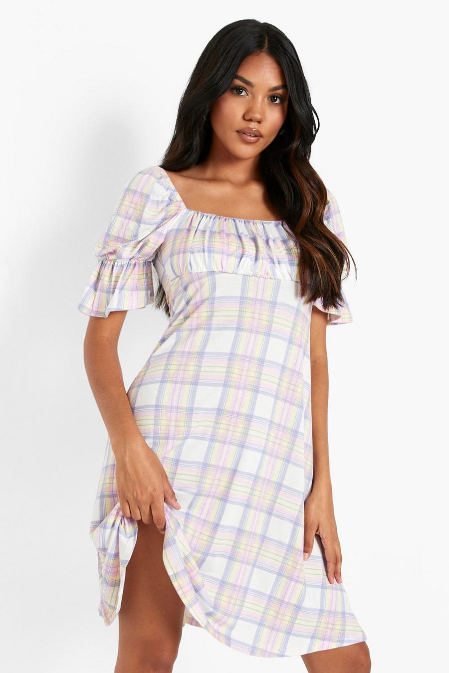 White Check Ruched Bust Skater Dress image number 1