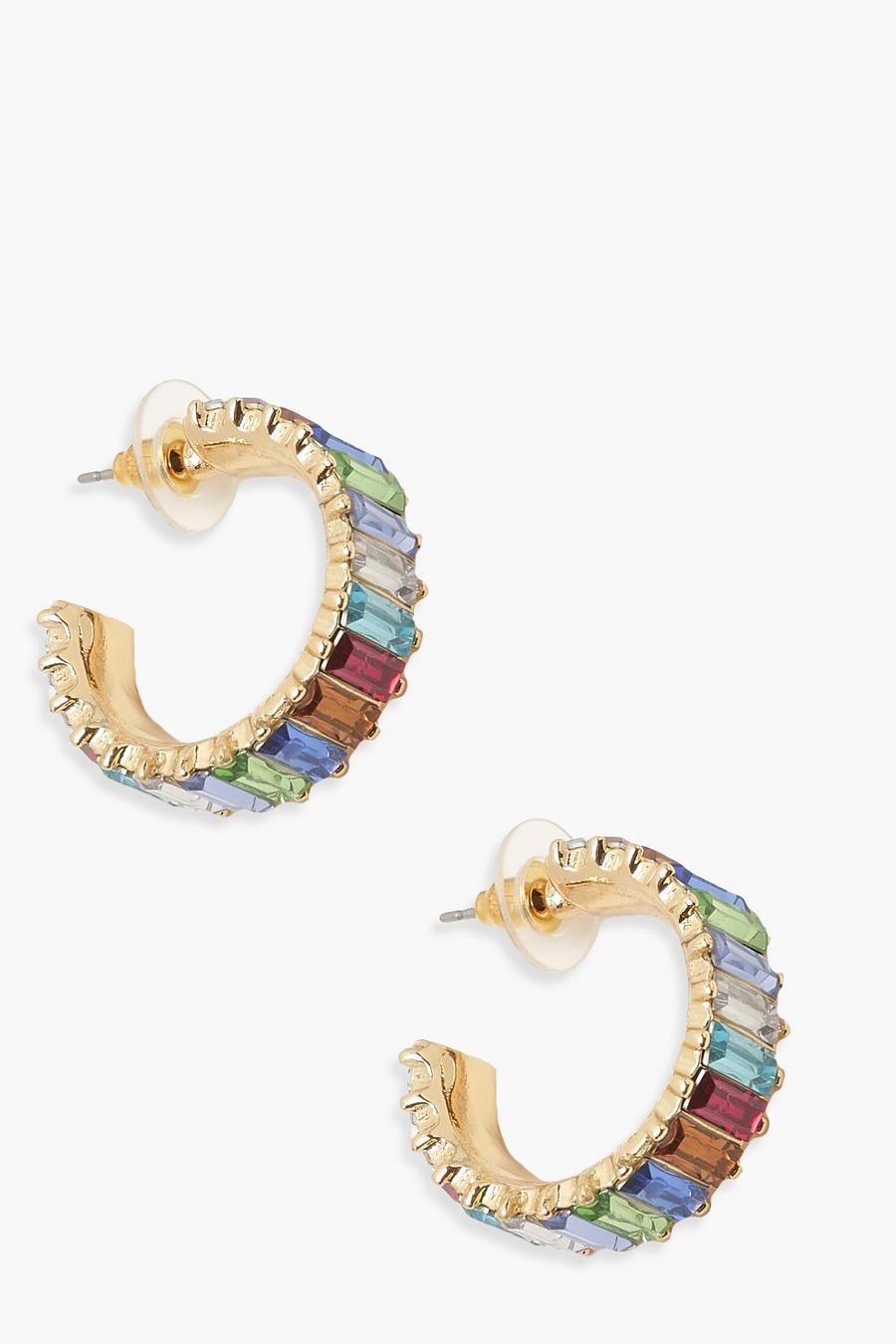 Gold Rainbow Square Diamante Hoops image number 1