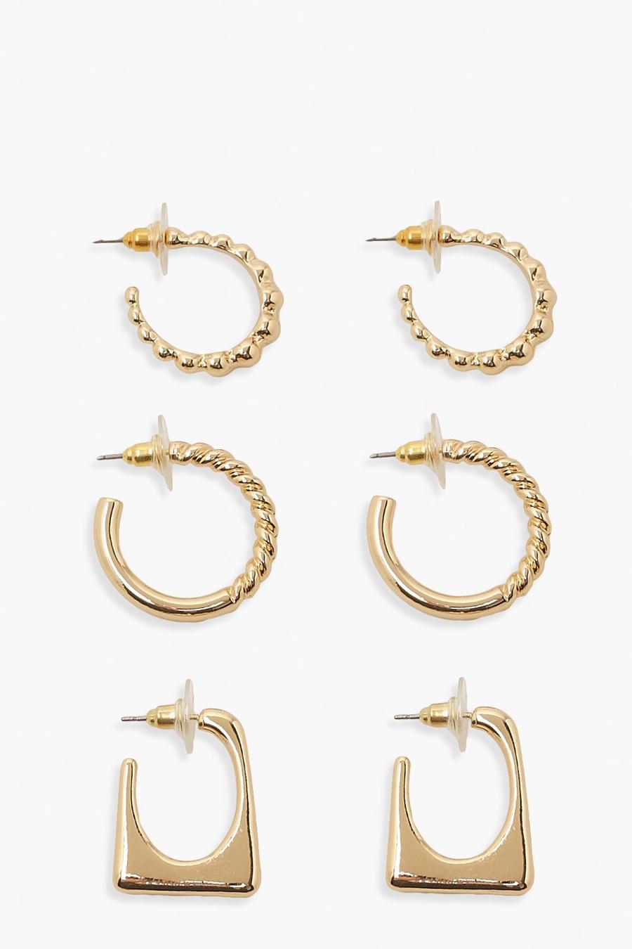 Gold Mix 3 Pack Twist And Square Hoops image number 1