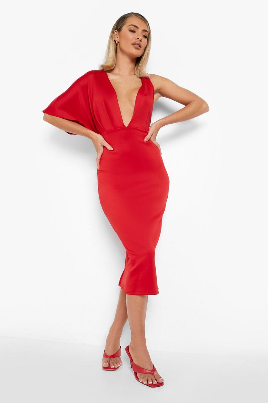 Red Scuba Plunge Batwing Bodycon Midi Dress image number 1