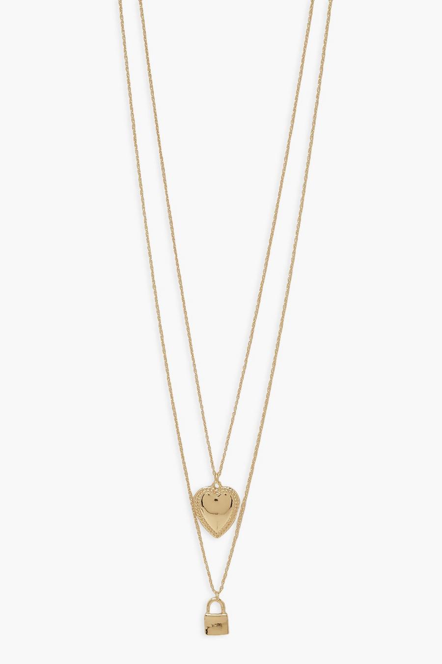 Gold metallic Padlock And Heart Layered Necklace