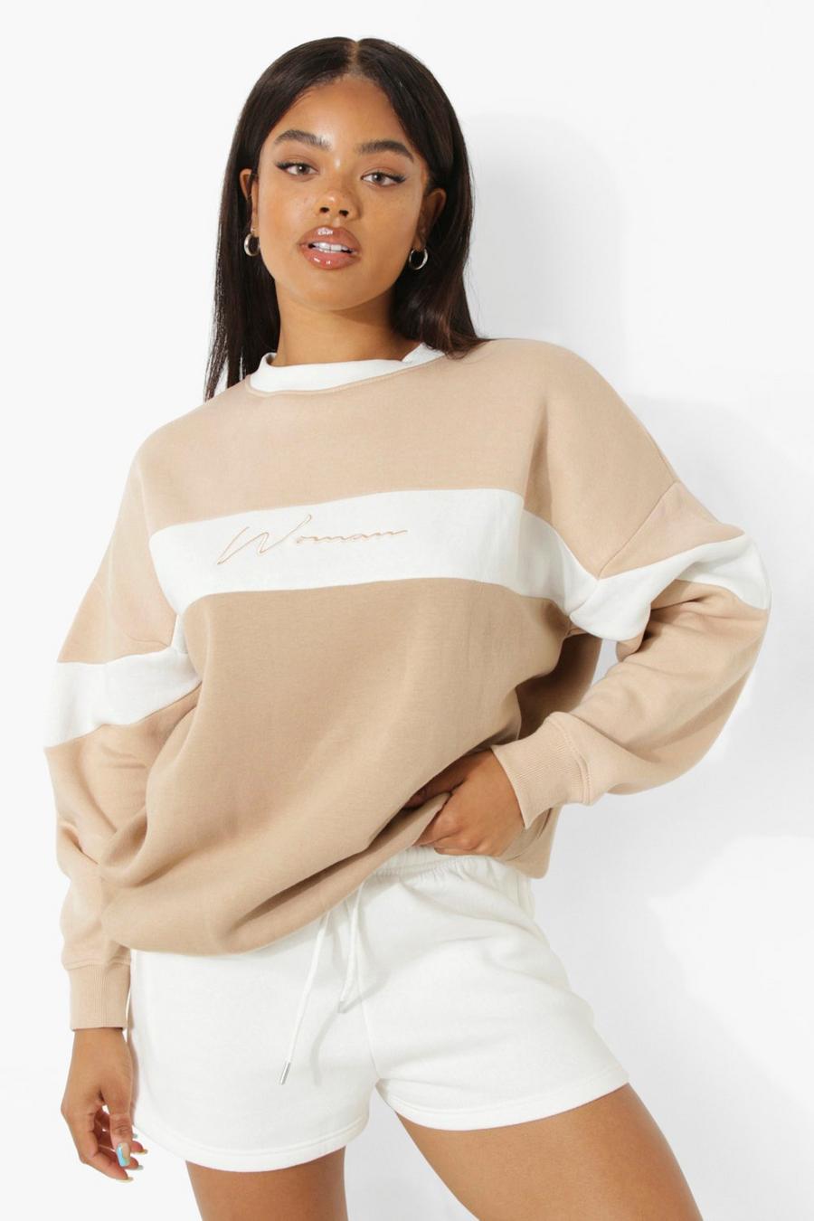 Taupe Woman Oversize sweatshirt med blockfärger image number 1