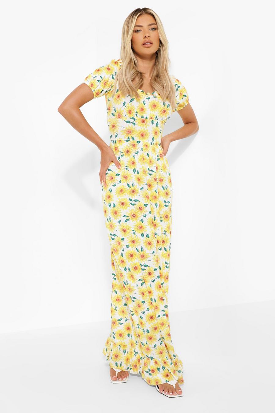 White Sunflower Print Bardot Maxi Dress image number 1