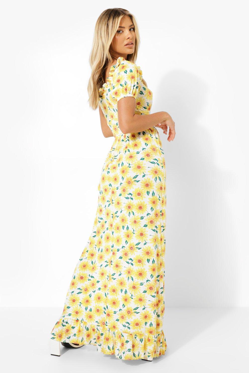 Sunflower Print Off The Shoulder Maxi Dress