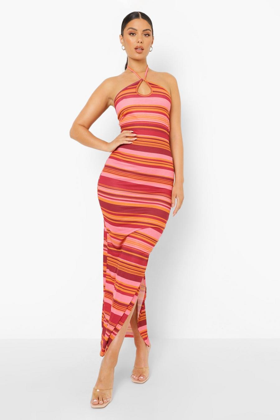 Pink Striped Halterneck Key Hole Maxi Dress image number 1