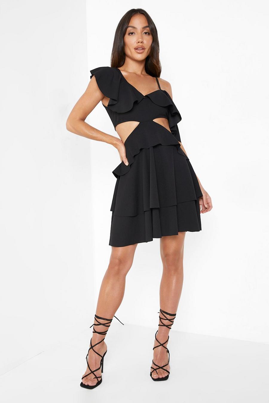 Black Ruffle Cut Out Detail Swing Dress image number 1