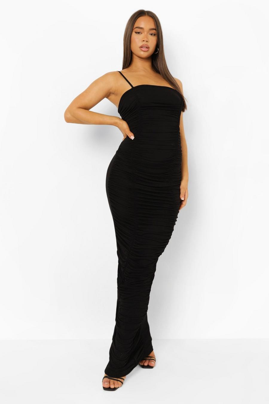 Black Strappy Ruched Front Maxi Dress image number 1