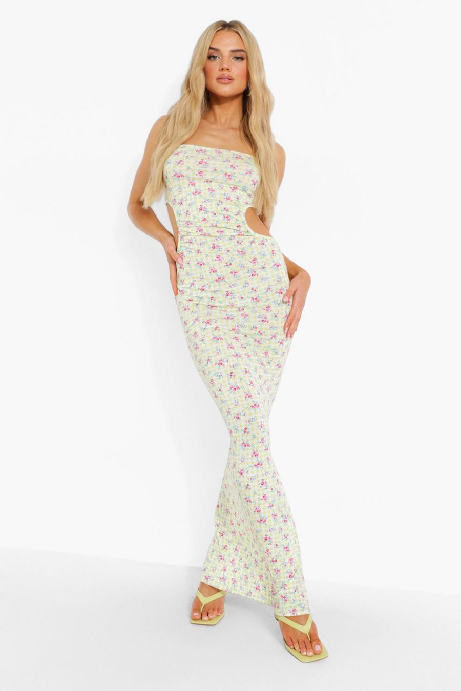 White Gingham Floral Strappy Cut Out Maxi Dress image number 1