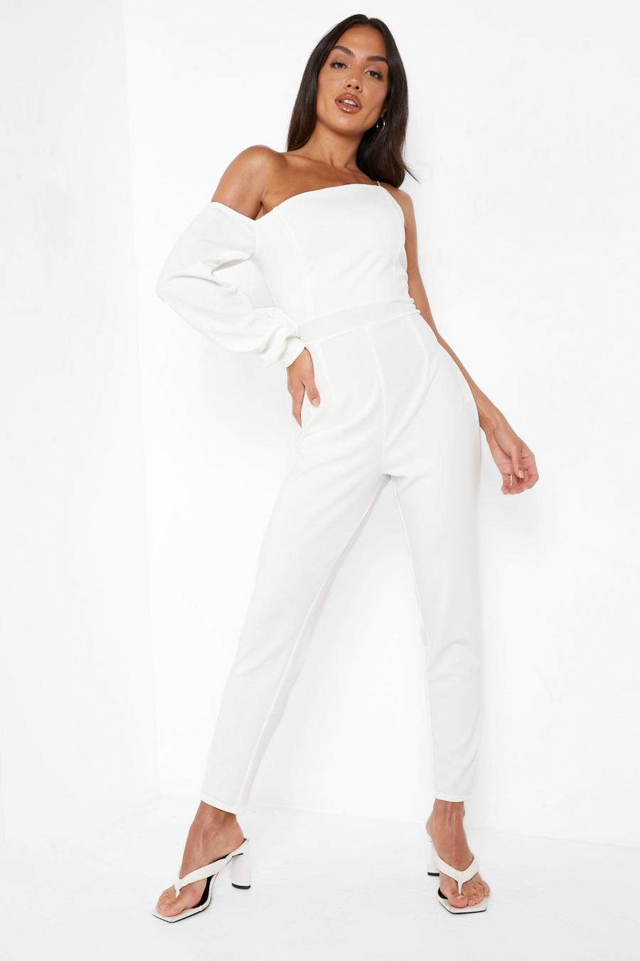 White Asymmetric Puff Sleeve Jumpsuit image number 1