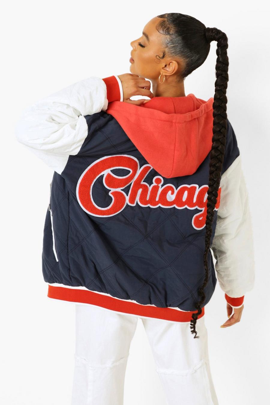 Navy Hooded Quilted Varsity Jacket image number 1