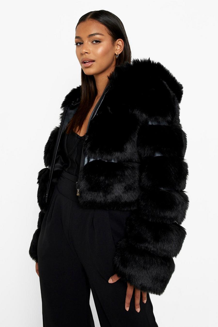 Black Luxe Panelled Faux Fur Jacket image number 1