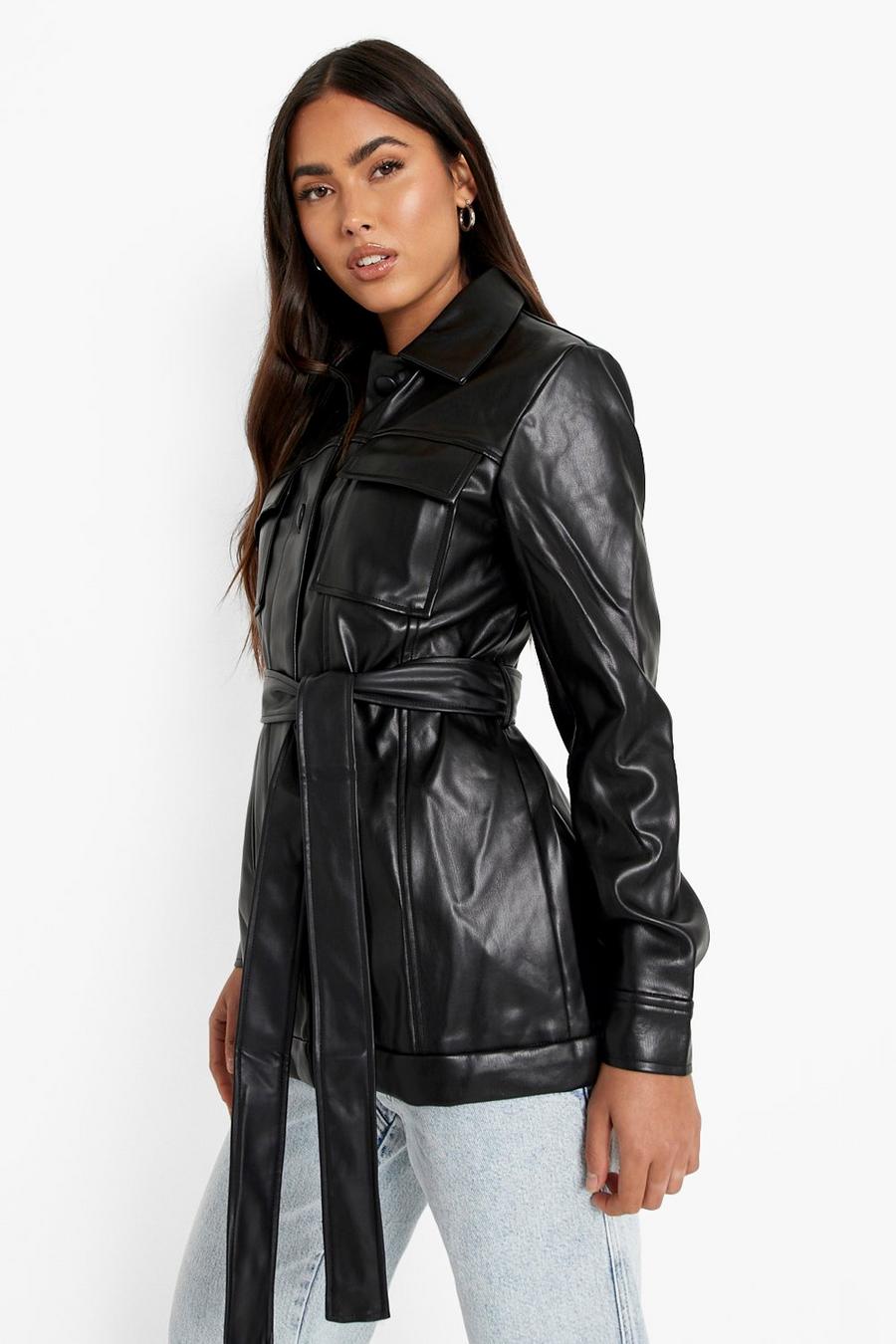Black High Shine Belted Faux Leather Jacket image number 1