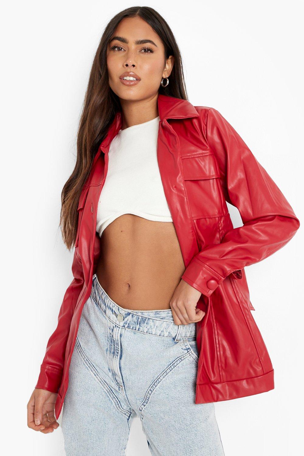 High Shine Belted Faux Leather Jacket boohoo