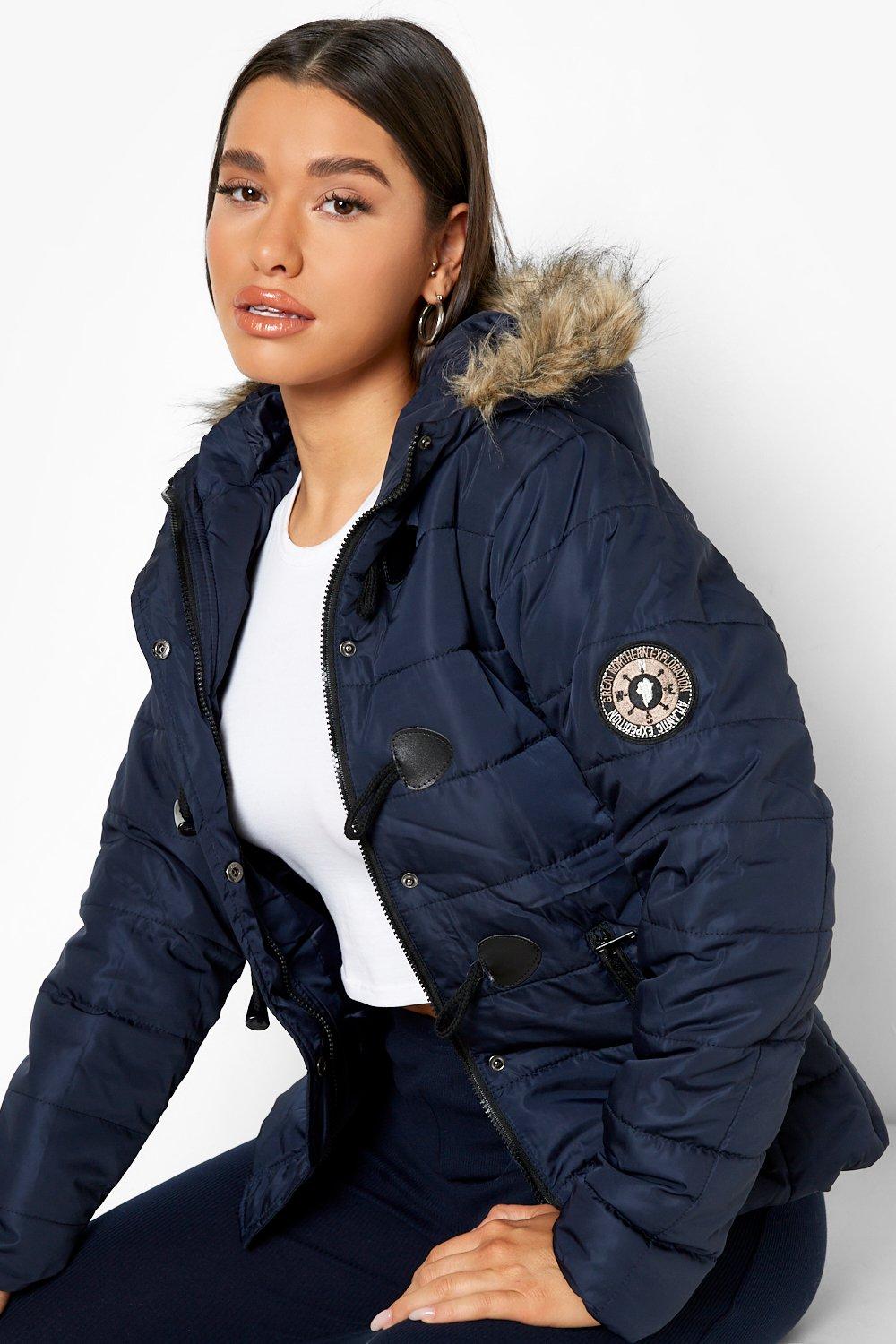 Navy faux fur outlet quilted puffer jacket