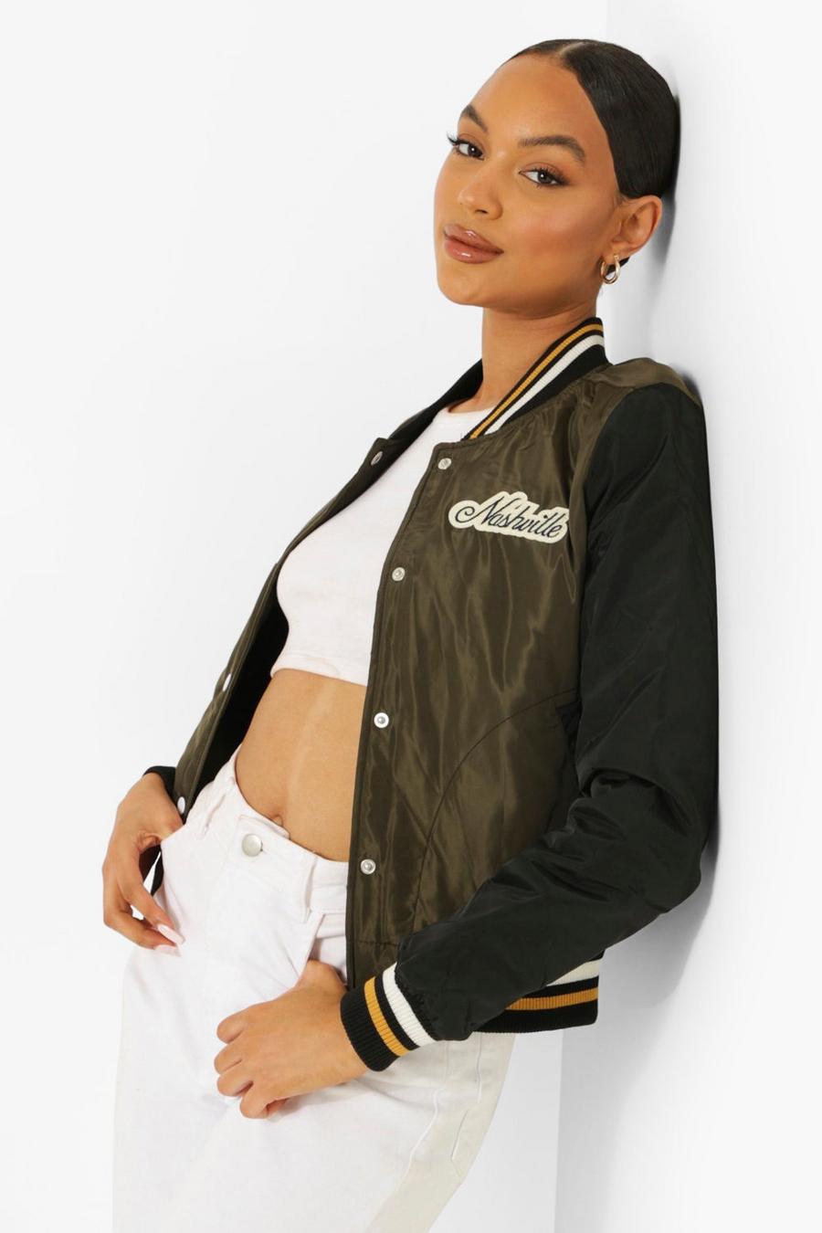 Giacca Bomber in stile Varsity a blocchi di colore, Khaki image number 1