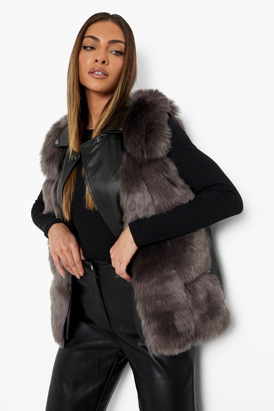 Charcoal Luxe Faux Fur Bodywarmer Met Panelen En Kraag image number 1