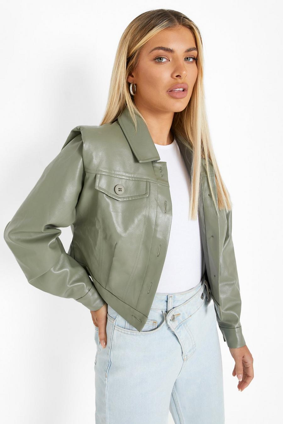 Sage green Shoulder Detail Faux Leather Jacket