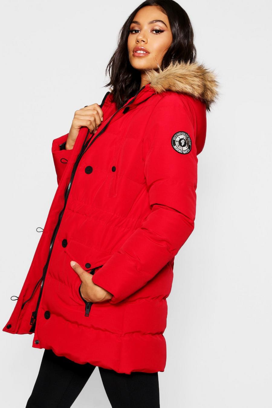 Red Faux Fur Trim Luxe Mountaineering Parka Coat image number 1
