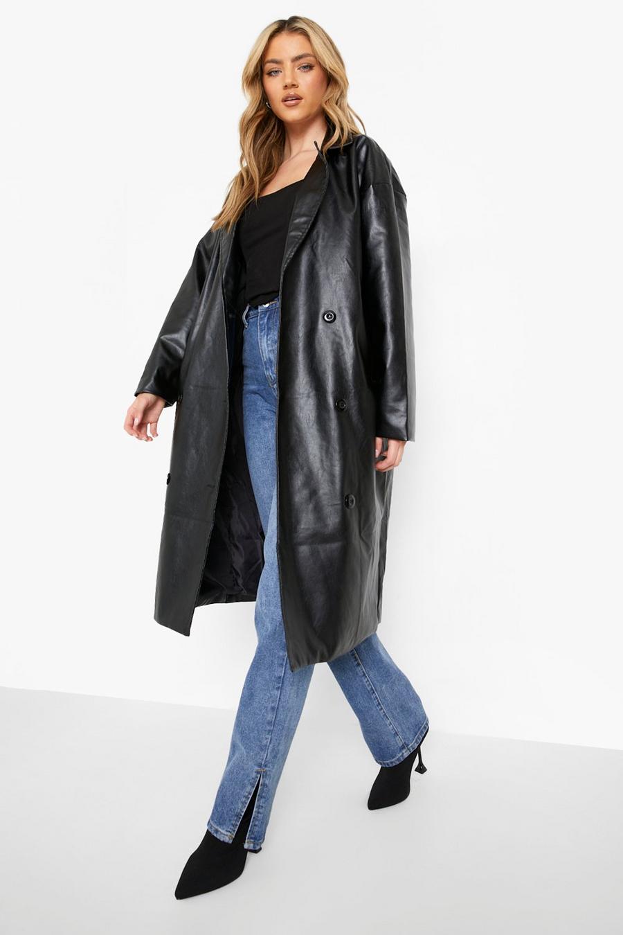 Black Faux Leather Trench Coat image number 1
