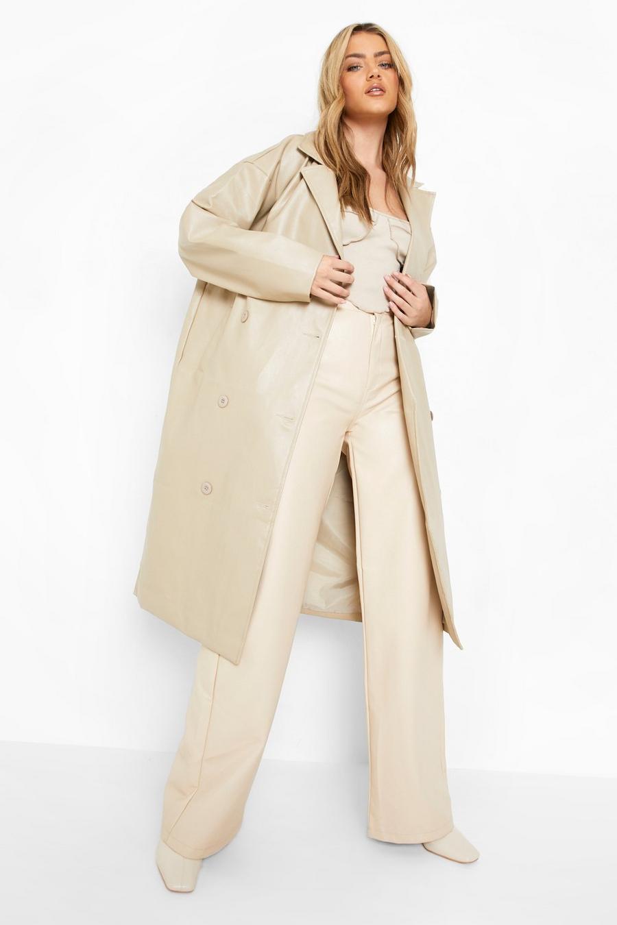 Stone beige Faux Leather Trench Coat image number 1