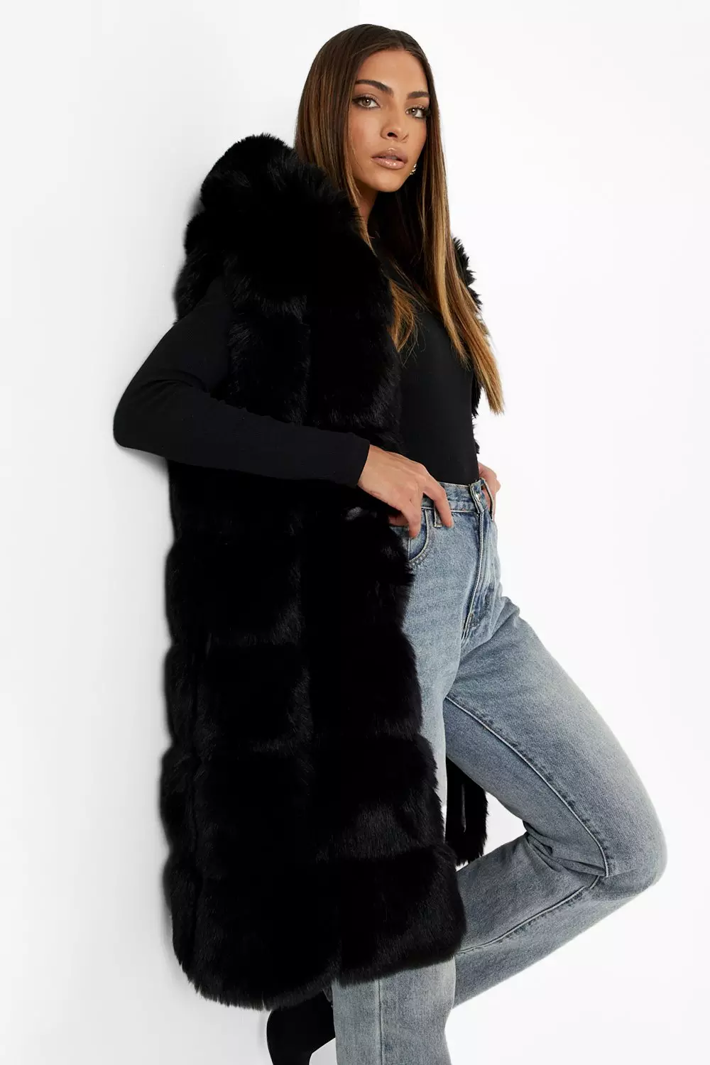 Black fur hooded sales gilet