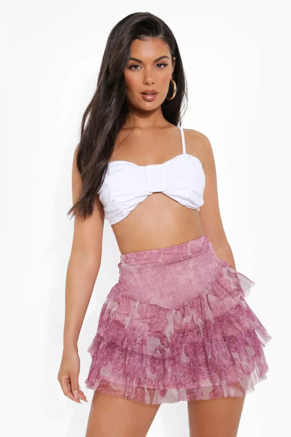 V Yolk Detail Ruffle Mini Skirt