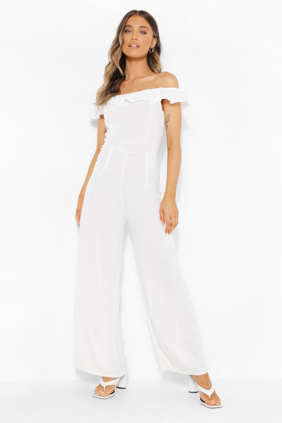 White Off shoulder-jumpsuit med volanger image number 1