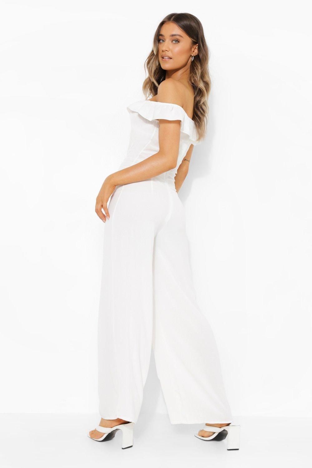 OFF SHOULDER RUFFLE DETAILED LACE TOP JUMPSUIT (WHITE) – Dress