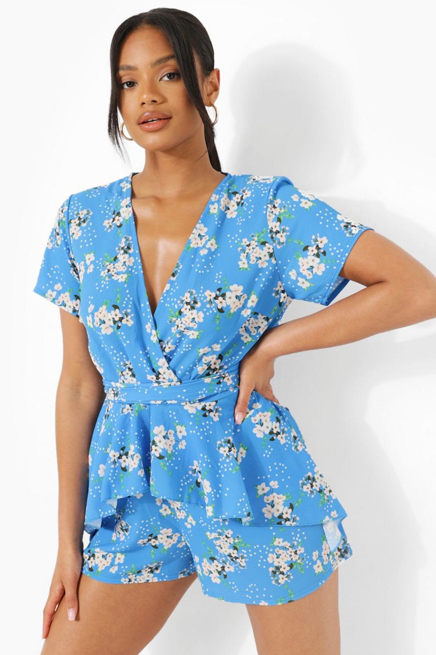 Blue Floral Ruffle Belted Playsuit image number 1