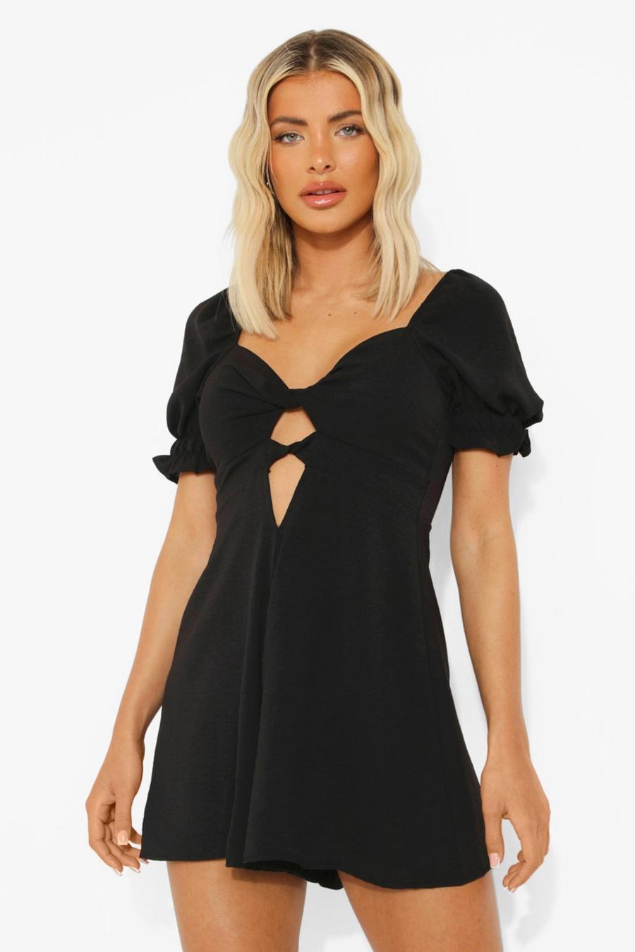 Black Twist Front Puff Sleeve Playsuit image number 1