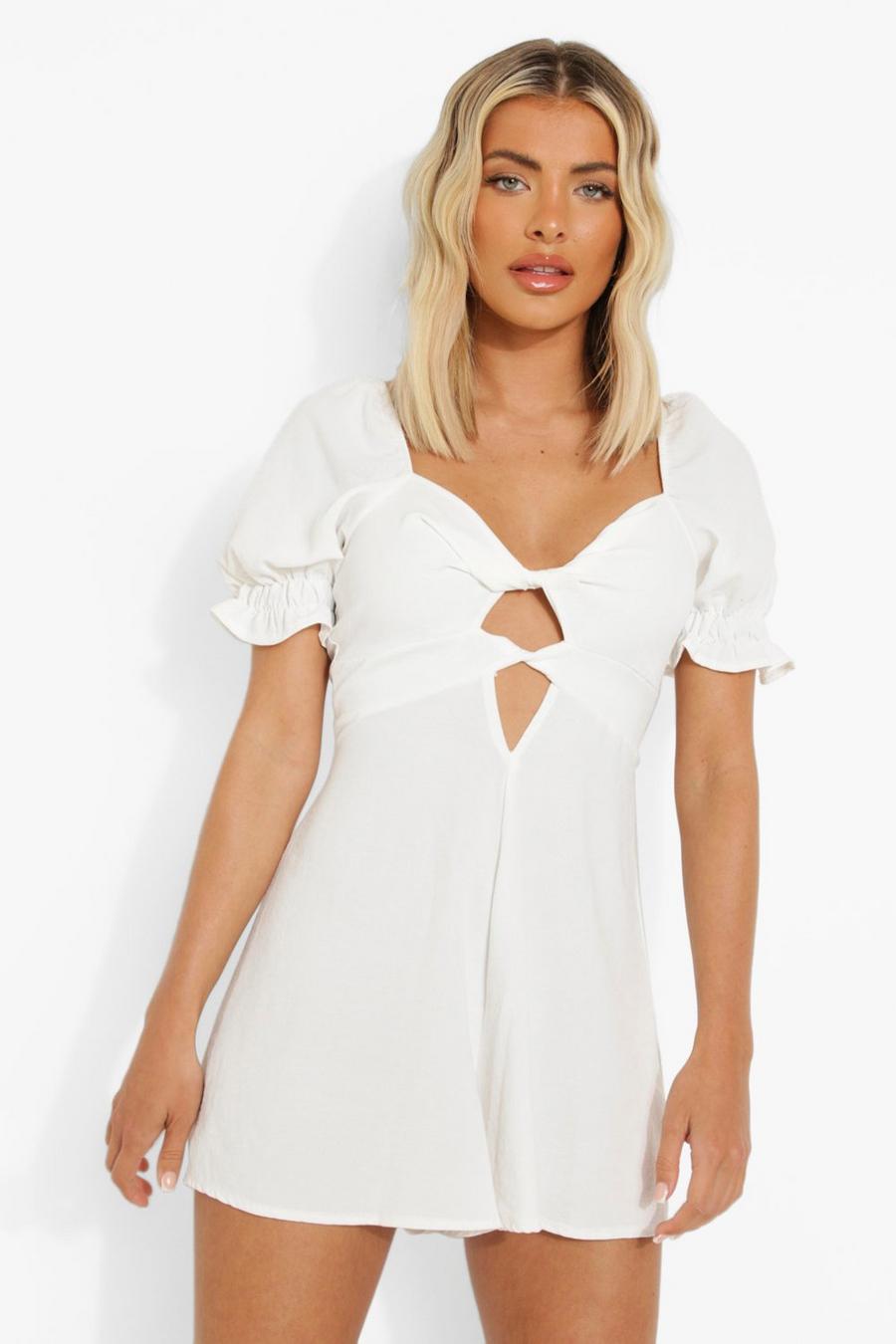 White Twist Front Puff Sleeve Playsuit image number 1