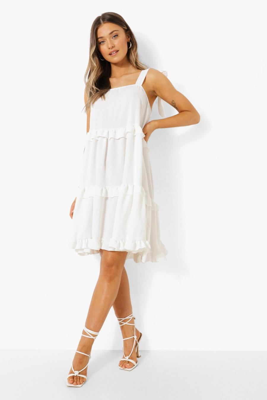 Rüschen Smok-Kleid mit geschnürten Trägern, White image number 1