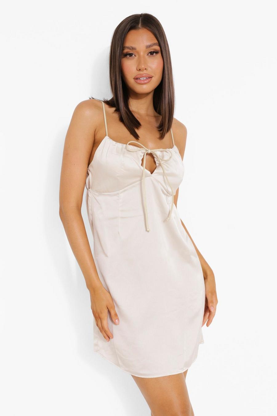 Champagne beige Ruched Bust Satin Mini Dress image number 1