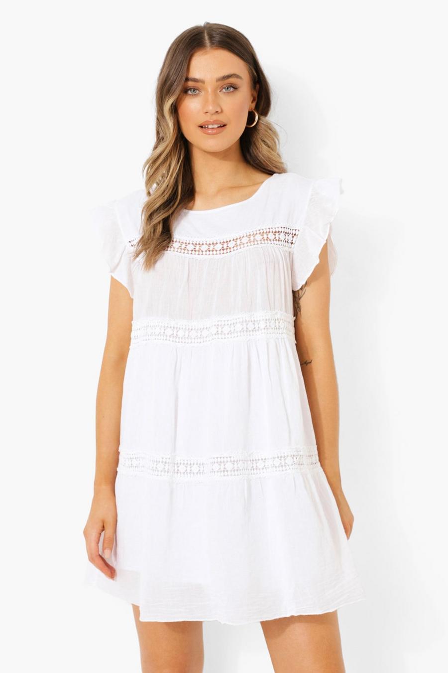 Baumwoll Smok-Kleid mit Häkelsaum, White image number 1