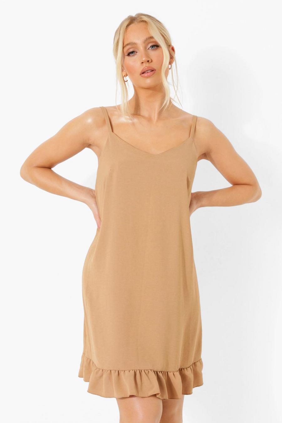 Caramel Ruffle Hem Textured Swing Dress image number 1