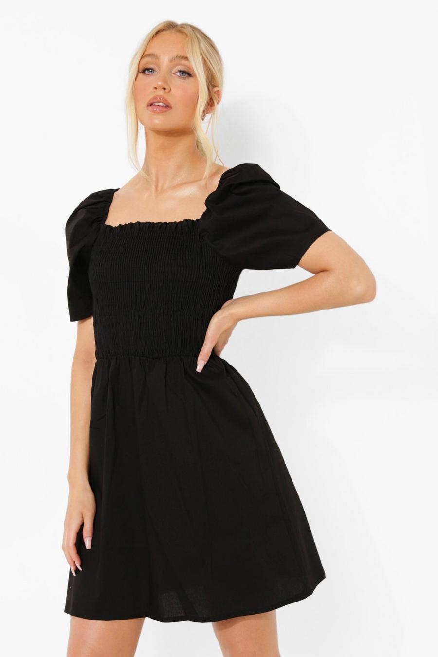 Black Cotton Puff Sleeve Off The Shoulder Dress image number 1