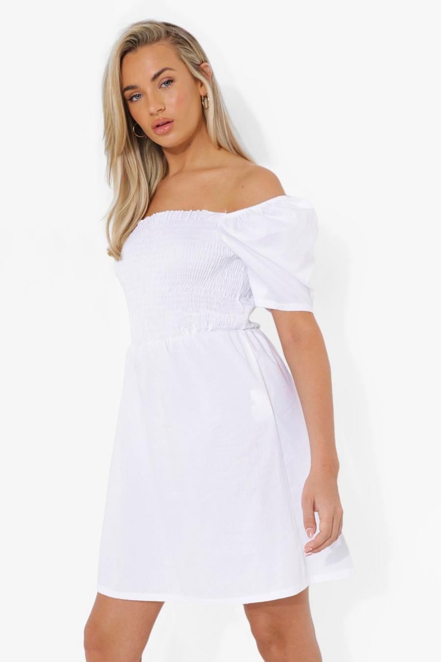 White Cotton Puff Sleeve Off The Shoulder Dress image number 1