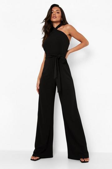 Black Halterneck Belted Wide Leg Jumpsuit