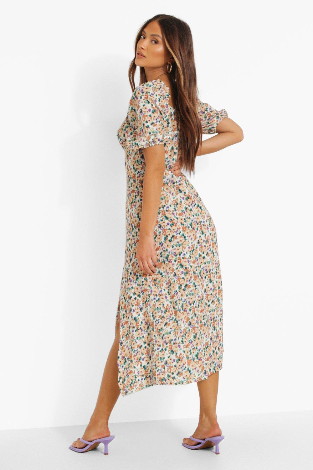 Floral Puff Sleeve Slit Front Midi Dress