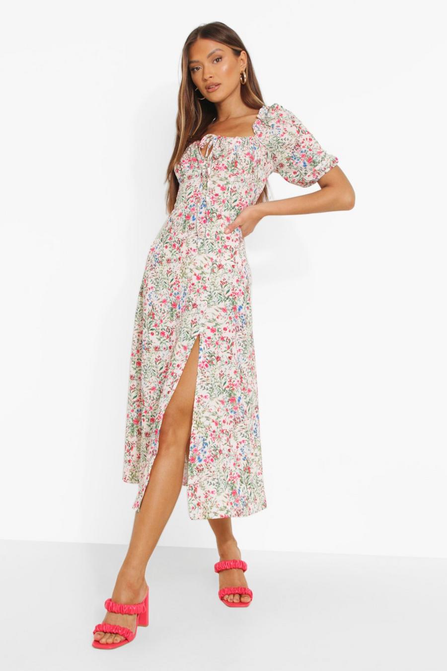 White Floral Puff Sleeve Midi Dress image number 1