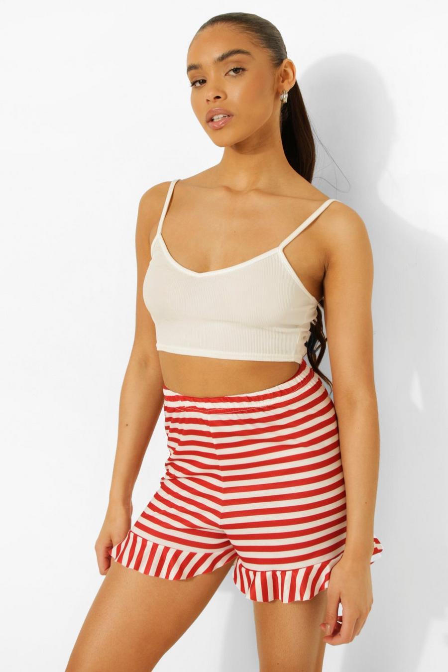 Red Stripe Frill Hem Shorts