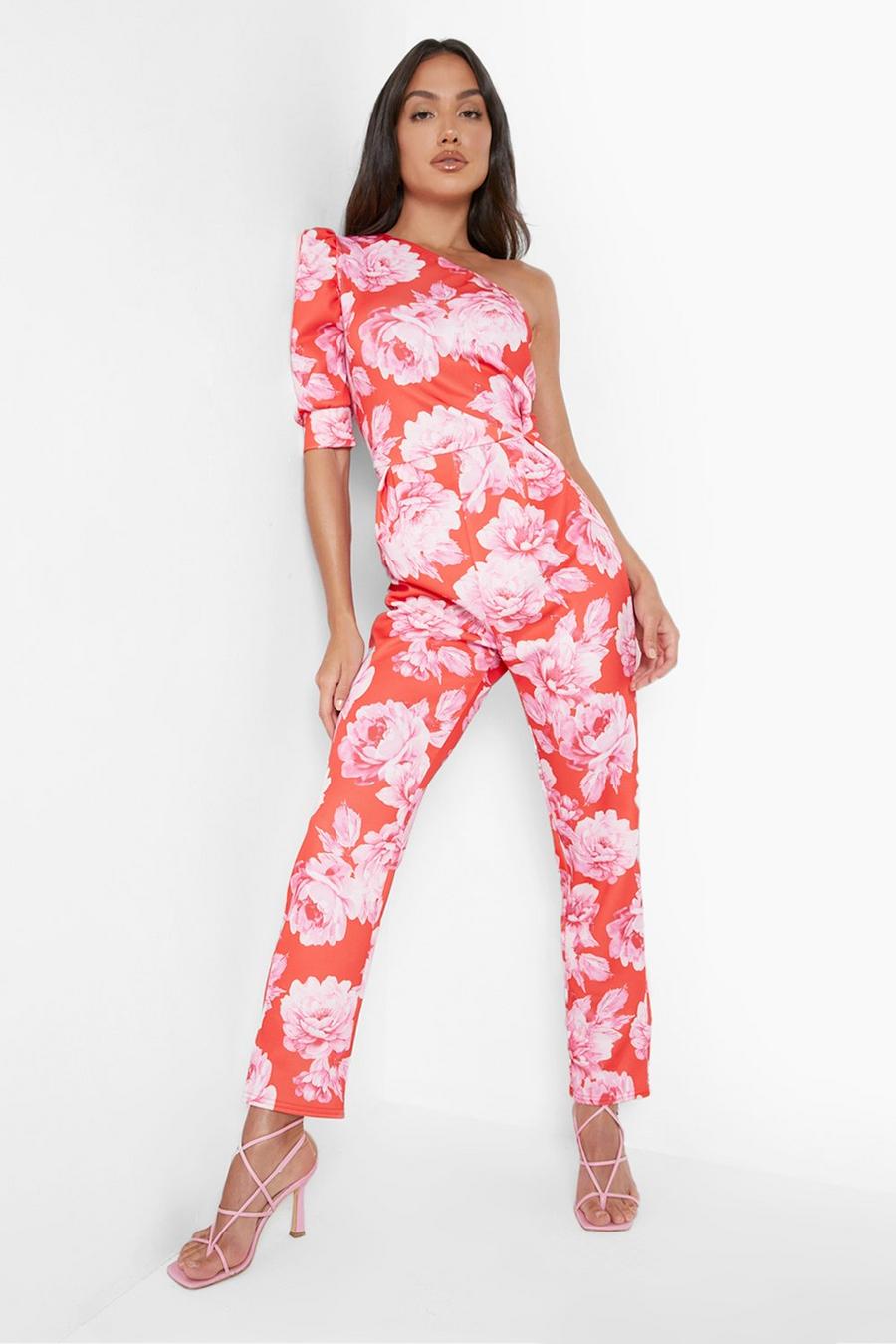 Red Floral Asymmetric Puff Sleeve Jumpsuit image number 1