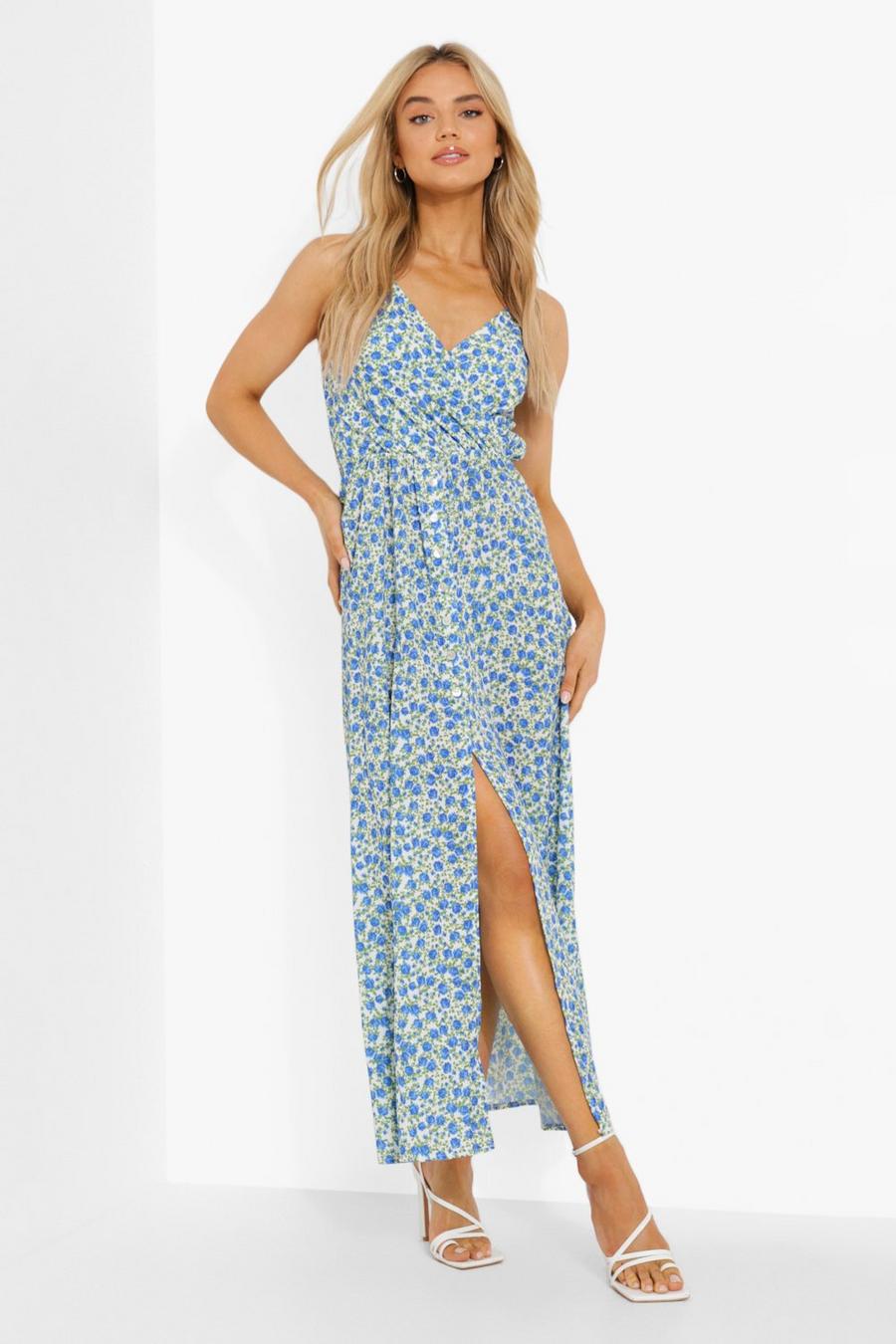 Blue Ditsy Floral Button Front Maxi Dress image number 1