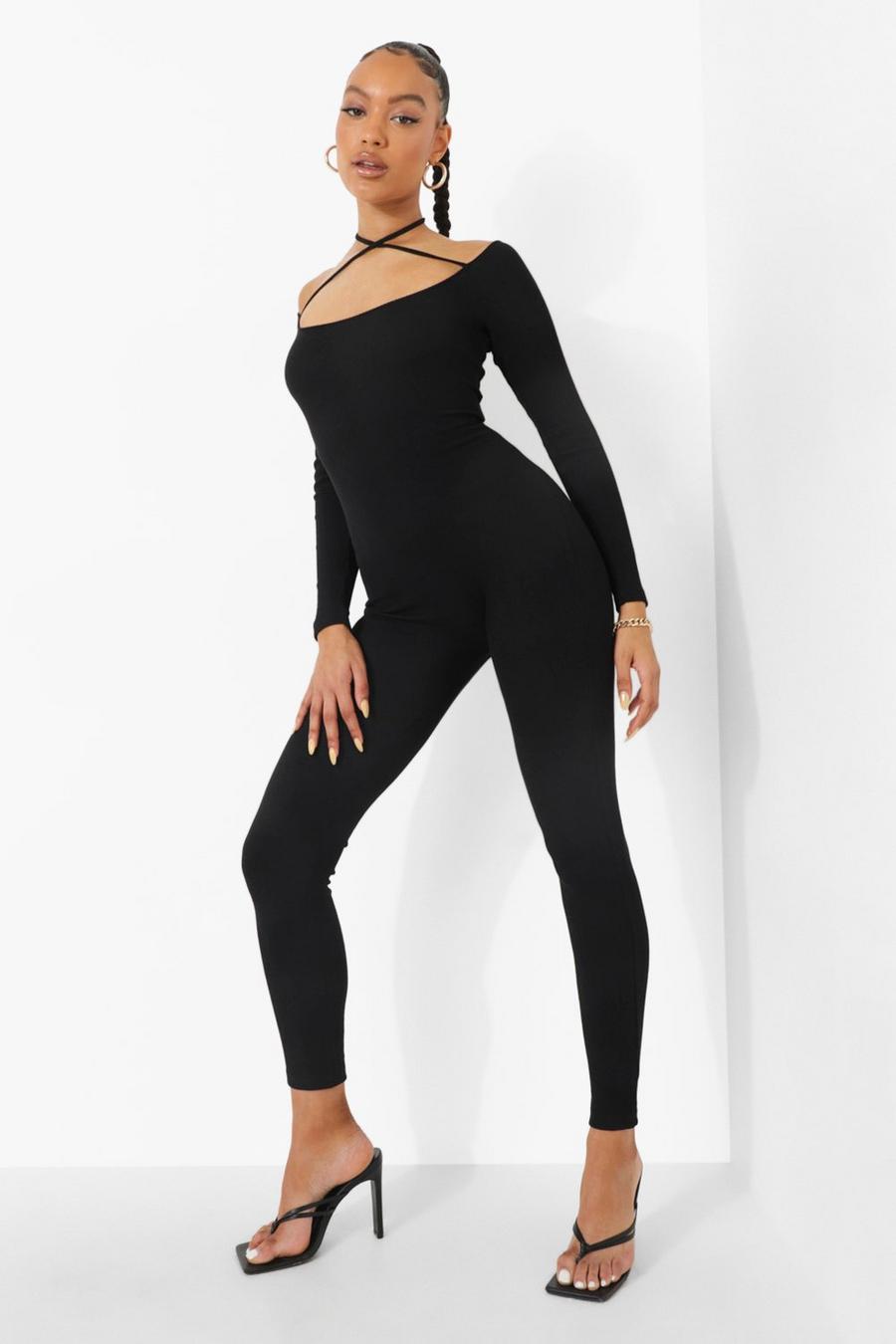 Black Rib Strappy Long Sleeve Jumpsuit image number 1