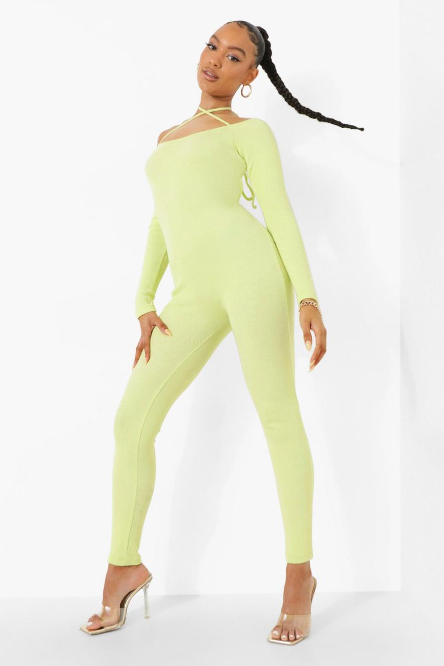 Washed lime Rib Strappy Long Sleeve Jumpsuit image number 1