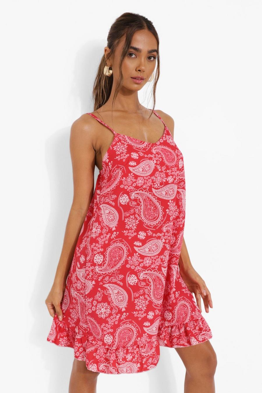 Paisley-Print Smok-Kleid mit Rüschensaum, Red image number 1