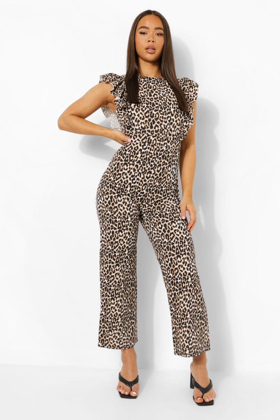 Brown Leopard Frill Sleeve Jumpsuit image number 1